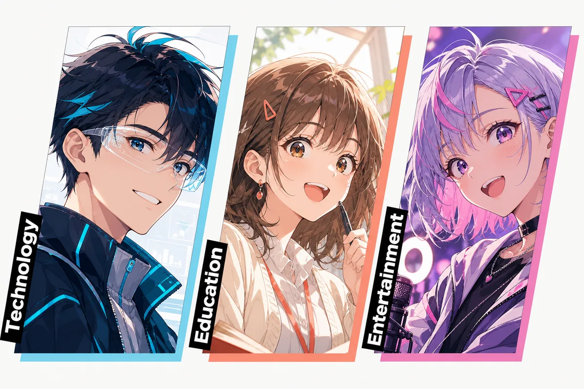 Technology、Education、Entertainmentを表す3分割のアニメビジュアル